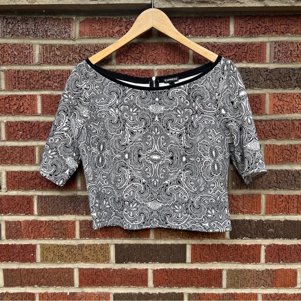 Express Black and White Floral Paisley Boat Neck Scuba Knit Crop Top